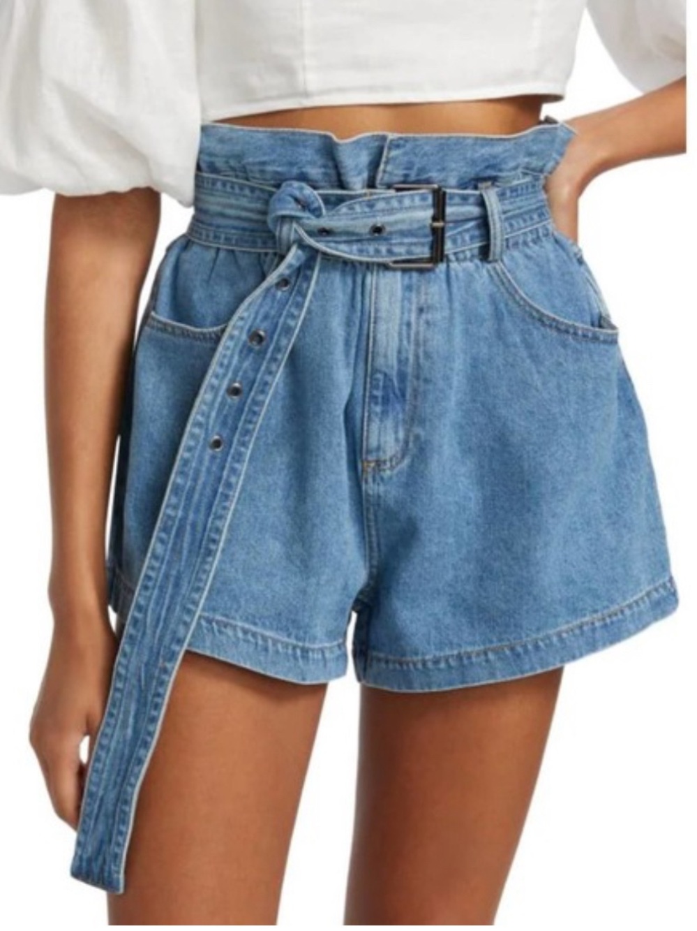 Sea New York Denim High-Waist Paperbag Shorts in Blue